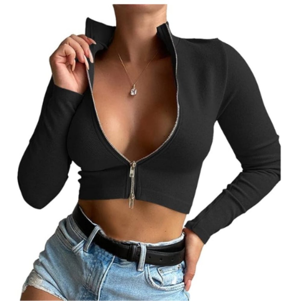 Long Sleeve Turtleneck Crop Top Zip Neon Sexy Fitted Cropped Shirts